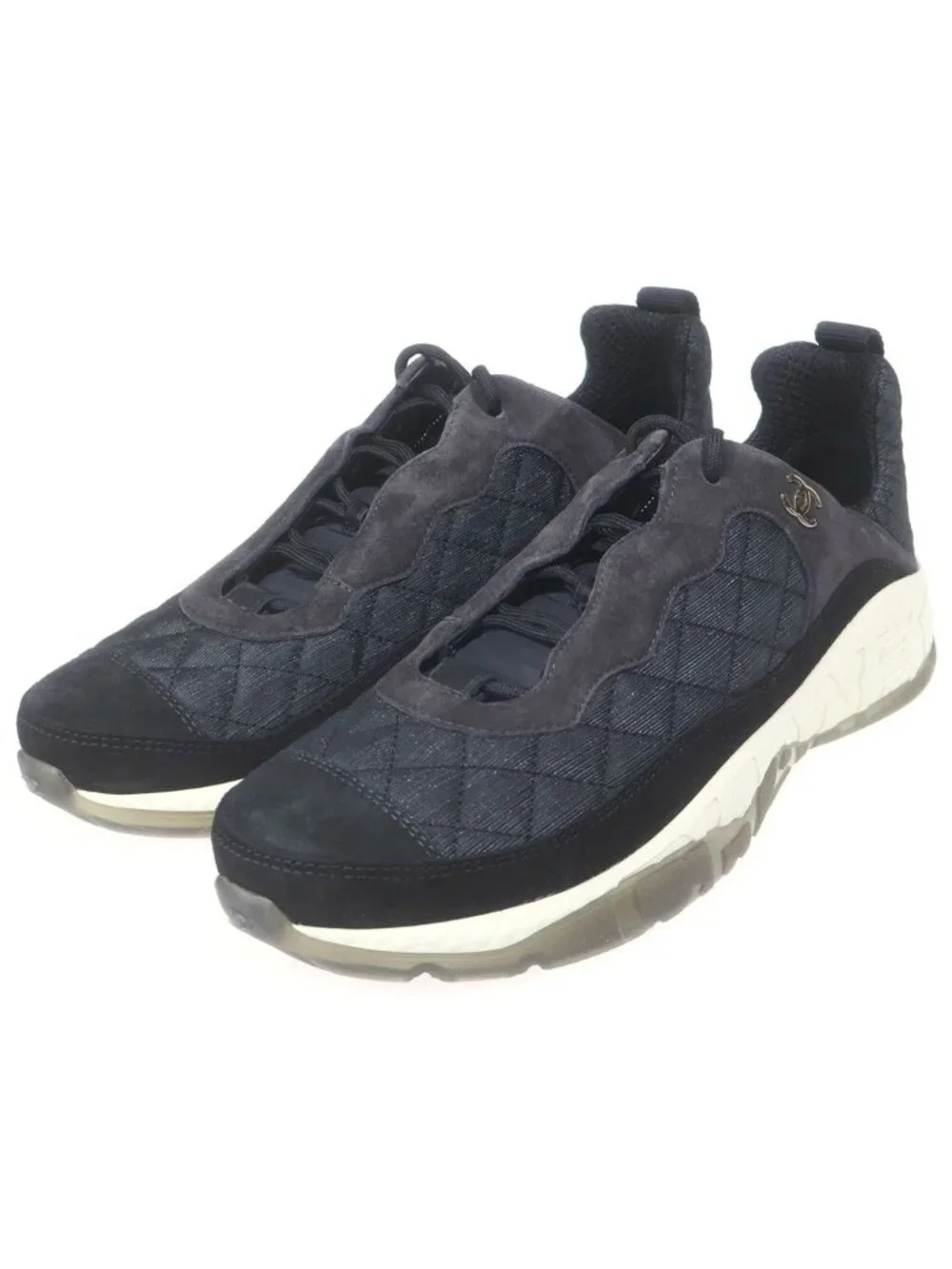 Chanel CC Logo Fabric Suede Low Cut Sneakers Black